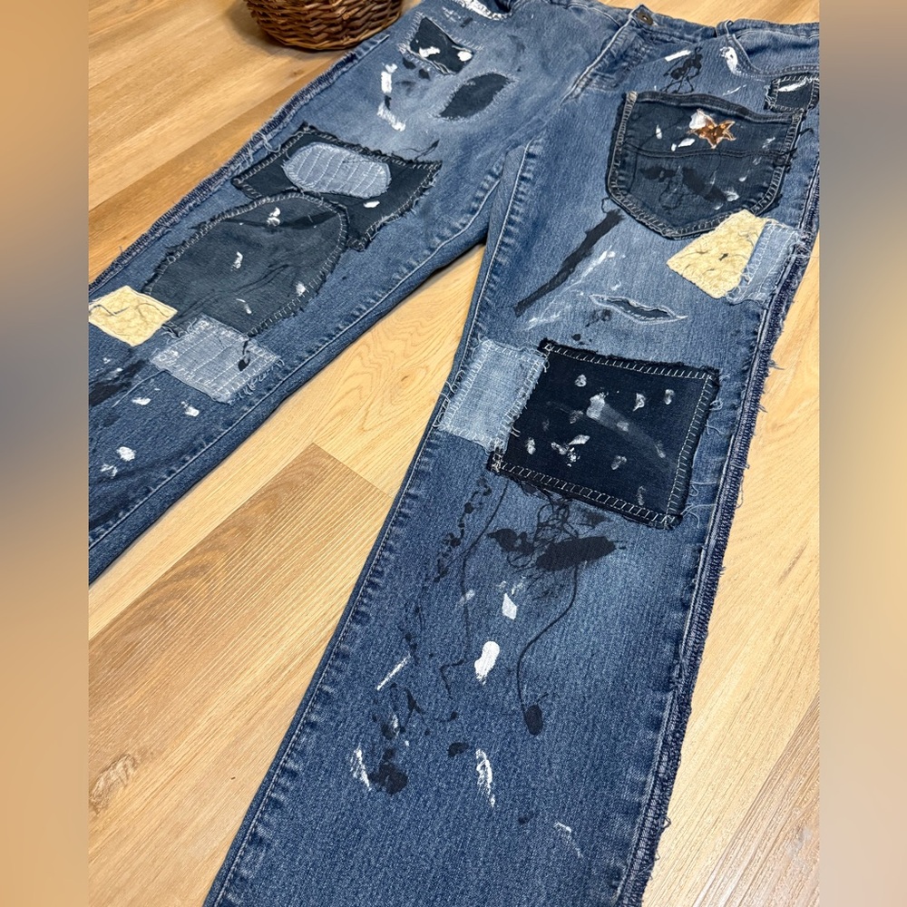 Upcycled Paint-Splattered Patchwork Jeans Distres… - image 7